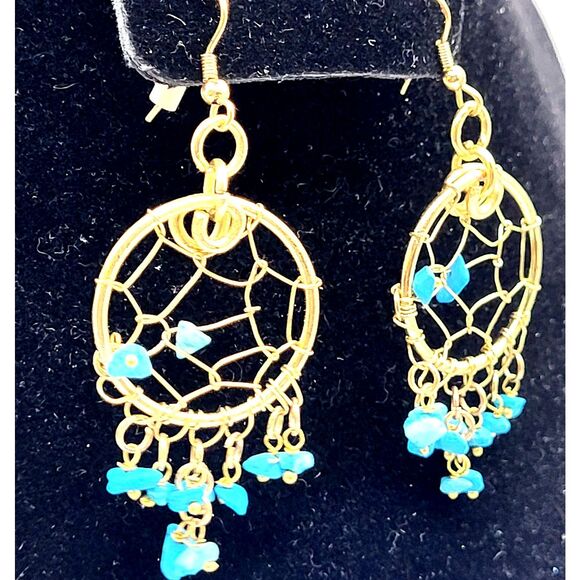Vintage Gold tone Turquoise Dream Catcher Dangle Drop Earrings 3in - Picture 3 of 5